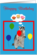 Birthday, general, an adorable raccoon holding a red balloon, cupcakes card