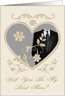 Invitations, Will You Be My Best Man, Tuxedo In A Silver Heart Frame card