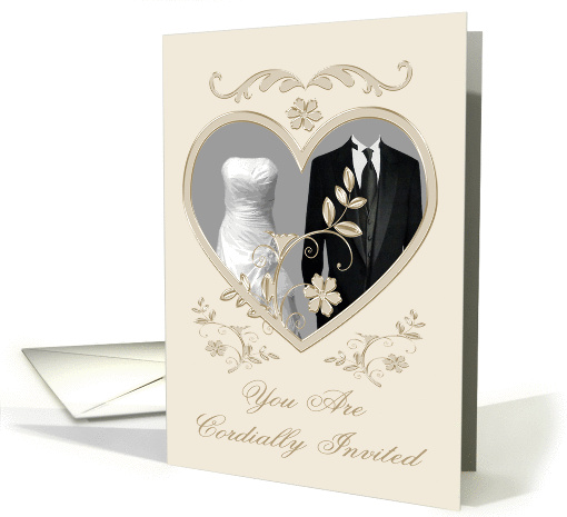 Invitations, Wedding, Gown And Tuxedo in a silver fancy heart card