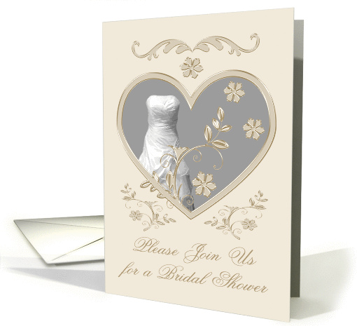 Invitations, Bridal Shower, Wedding gown in silver heart frame card