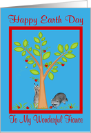 Earth Day To Fiance, Raccoons next to apple tree in a red frame, blue card