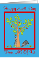 Earth Day From All Of Us, Raccoons next to apple tree in a red frame card