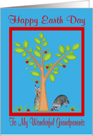 Earth Day To Grandparents, Raccoons next to apple tree in a red frame card