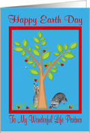 Earth Day To Life Partner, Raccoons next to apple tree in a red frame card