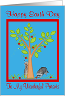 Earth Day To Parents, Raccoons next to apple tree in a red frame, blue card