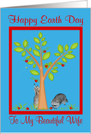 Earth Day To Wife, Raccoons next to apple tree in a red frame on blue card
