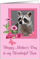 Mother’s Day to Twin, portrait of a raccoon in a pink flower bow frame card