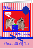 Birthday from All Of Us, adorable raccoons with present with balloons card