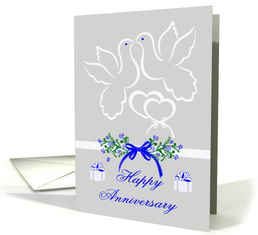 Wedding Anniversary with White Doves Kissing Over Joined Hearts card