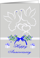 Wedding Anniversary with White Doves Kissing Over Joined Hearts card
