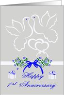 1st Wedding Anniversary with White Doves Kissing over Joined Hearts card
