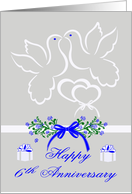 6th Wedding Anniversary, white doves kissing over joined hearts card