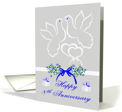 8th Wedding Anniversary, white doves kissing over joined hearts card