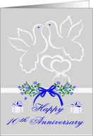 10th Wedding Anniversary, white doves kissing over joined hearts card