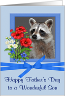 Father’s Day To Son, Portrait of a raccoon in flower frame on blue card