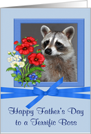 Father’s Day To Boss, Portrait of a raccoon in a flower frame on blue card