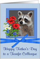 Father’s Day To Colleague, Portrait of a raccoon in flower frame, blue card