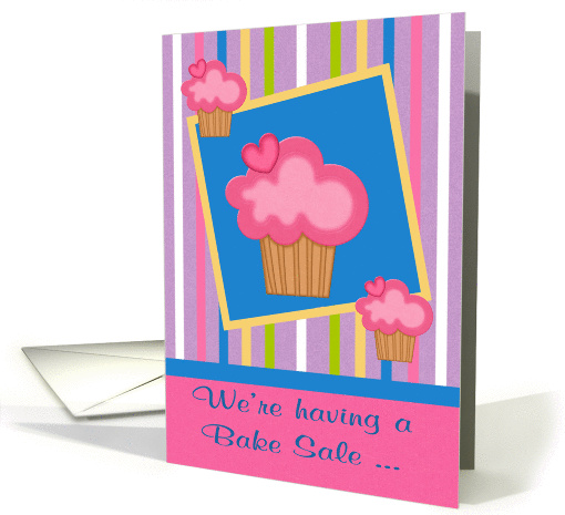 Invitations, Bake Sale, general, cupcakes on a striped background card