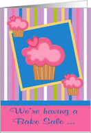 Invitations, Bake Sale, general, cupcakes on a striped background card