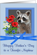 Father’s Day To Nephew, Portrait of a raccoon in flower frame, blue card