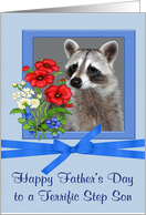 Father’s Day to Step Son with a Portrait of a Raccoon in Flower Frame card