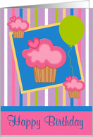 Birthday, general, cute cupcakes with hearts and a green balloon card
