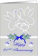 21st Wedding Anniversary with White Doves Kissing Over Joined Hearts card