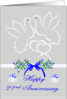 22nd Anniversary, wedding, white doves kissing over joined hearts card