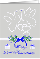 23rd Anniversary, wedding, white doves kissing over joined hearts card