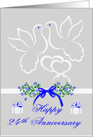 24th Wedding Anniversary with White Doves Kissing Over Joined Hearts card