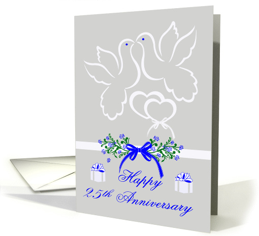 25th Anniversary, wedding, white doves kissing over joined hearts card