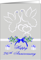26th Anniversary, wedding, white doves kissing over joined hearts card