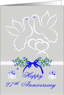 27th Anniversary, wedding, white doves kissing over joined hearts card