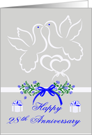 28th Anniversary, wedding, white doves kissing over joined hearts card