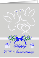 34th Anniversary, wedding, white doves kissing over joined hearts card