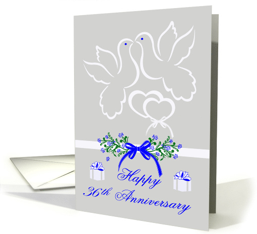 36th Anniversary, wedding, white doves kissing over joined hearts card