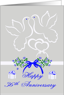 36th Anniversary, wedding, white doves kissing over joined hearts card