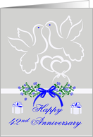 42nd Wedding Anniversary with White Doves Kissing Over Joined Hearts card