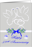 59th Wedding Anniversary with White Doves Kissing over Joined Hearts card