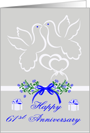 61st Anniversary, wedding, white doves kissing over joined hearts card