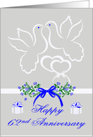 62nd Anniversary, wedding, white doves kissing over joined hearts card