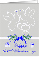 63rd Anniversary, wedding, white doves kissing over joined hearts card