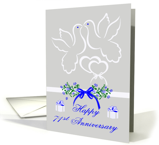 71st Anniversary, wedding, white doves kissing over joined hearts card