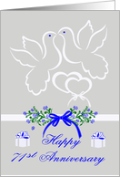 71st Anniversary, wedding, white doves kissing over joined hearts card