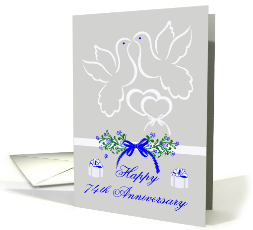 74th Anniversary, wedding, white doves kissing over joined hearts card