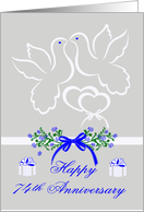 74th Anniversary, wedding, white doves kissing over joined hearts card