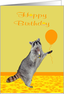 Birthday, general, Raccoon holding noise maker with an orange balloon card
