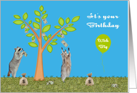 Birthday, general, two adorable raccoons with a money tree, balloon card