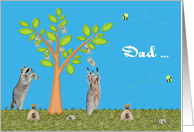 Father’s Day to Dad, Raccoons with a money tree, bees on blue card