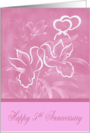 5th Anniversary, beautiful doves kissing over joined hearts with bow card